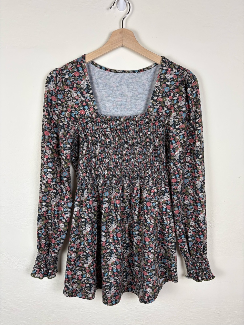 LOMON Women M Microfloral Smocked Puff Long Sleeve Blouses Square Neck Tunic